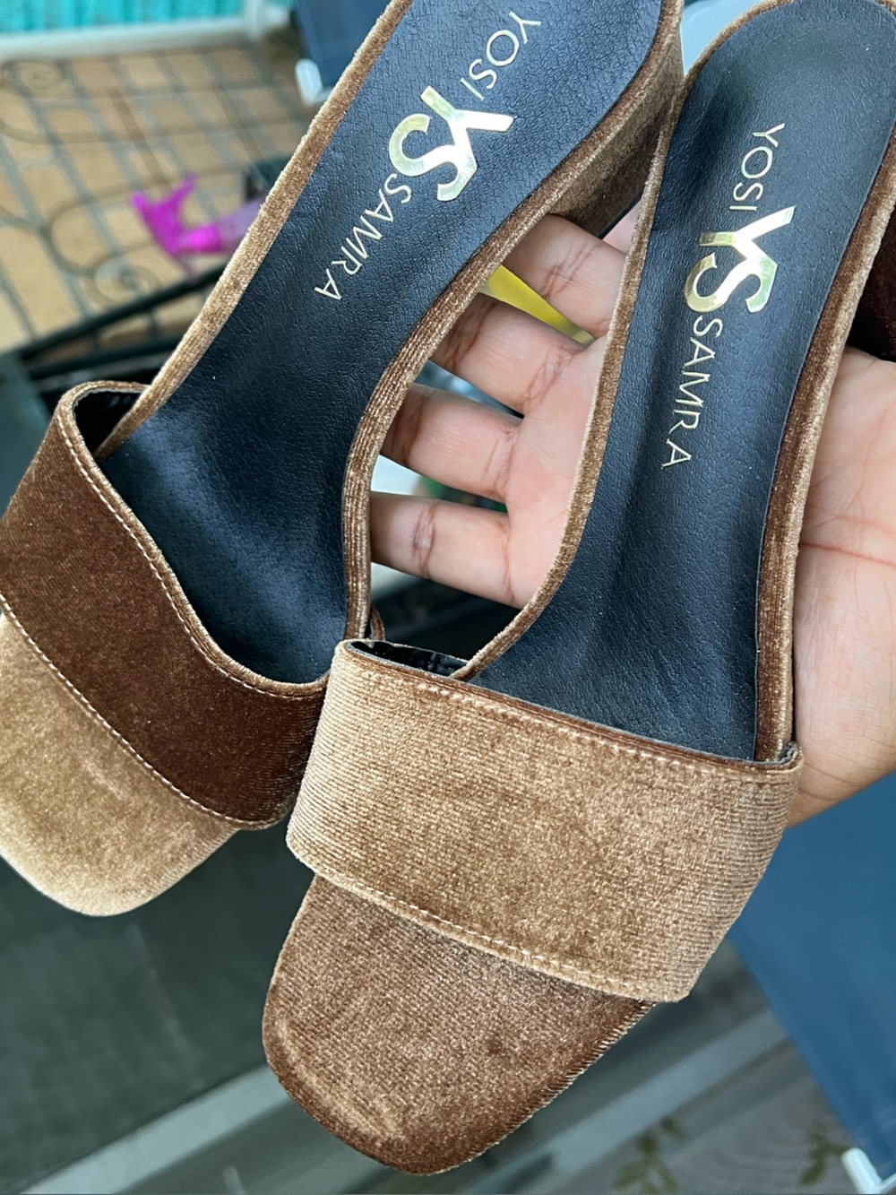 Yosi Samra Brown Velvet Slide Mules
